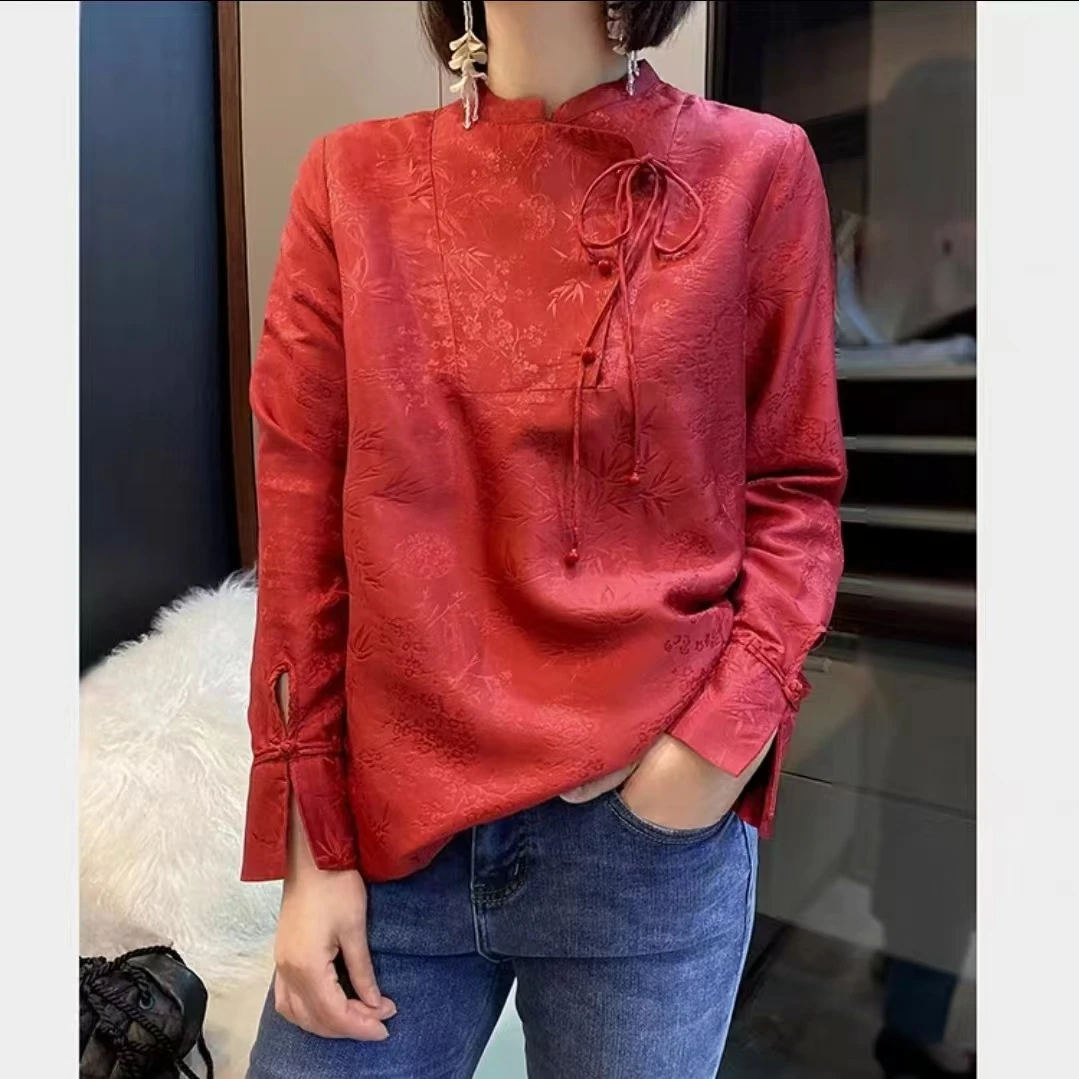 中式盘扣重磅春款提花红色衬衫女设计感小众别致立领中国风上衣春