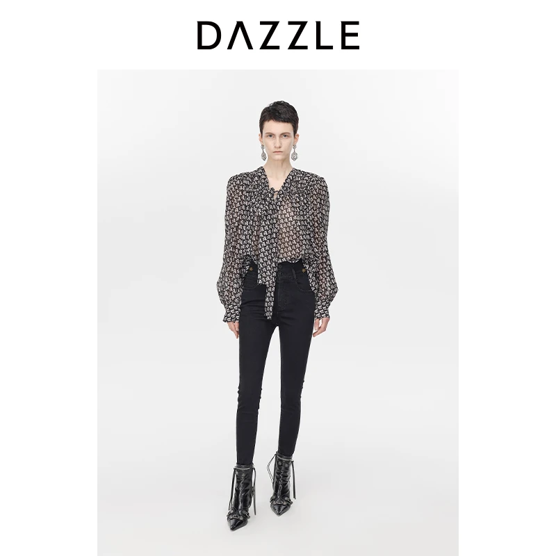 DAZZLE地素 衬衫春秋女装满印印花桑蚕丝混纺雪纺长袖上衣2H3D512