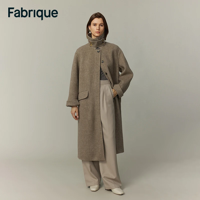 【达人专享】Fabrique棕绵羊毛骆驼绒毛呢防风袢翻领暗门襟长款大衣