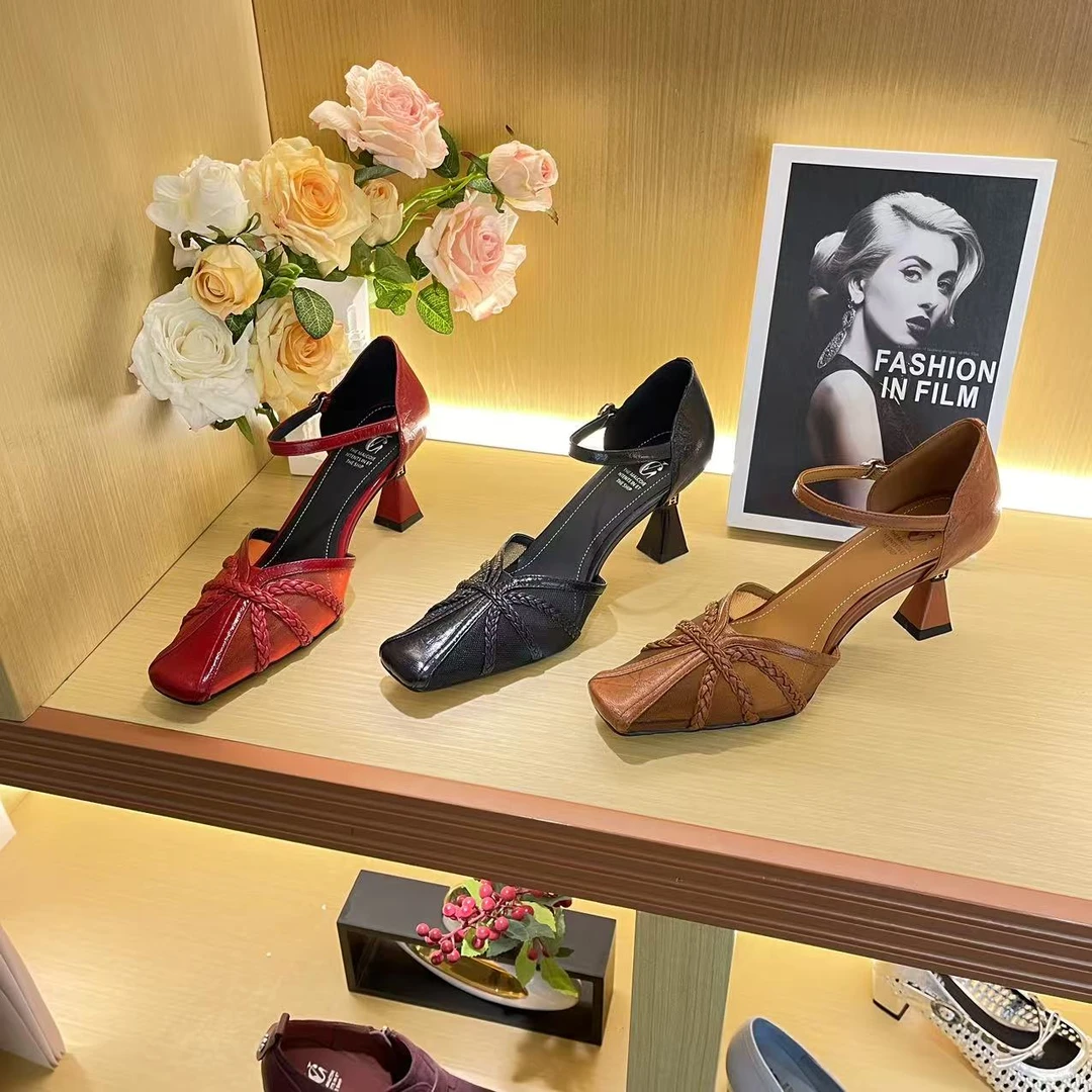 1324【蒂娜】春夏季新款方头真皮镂空编织气质浅口高跟凉鞋B【6CM】