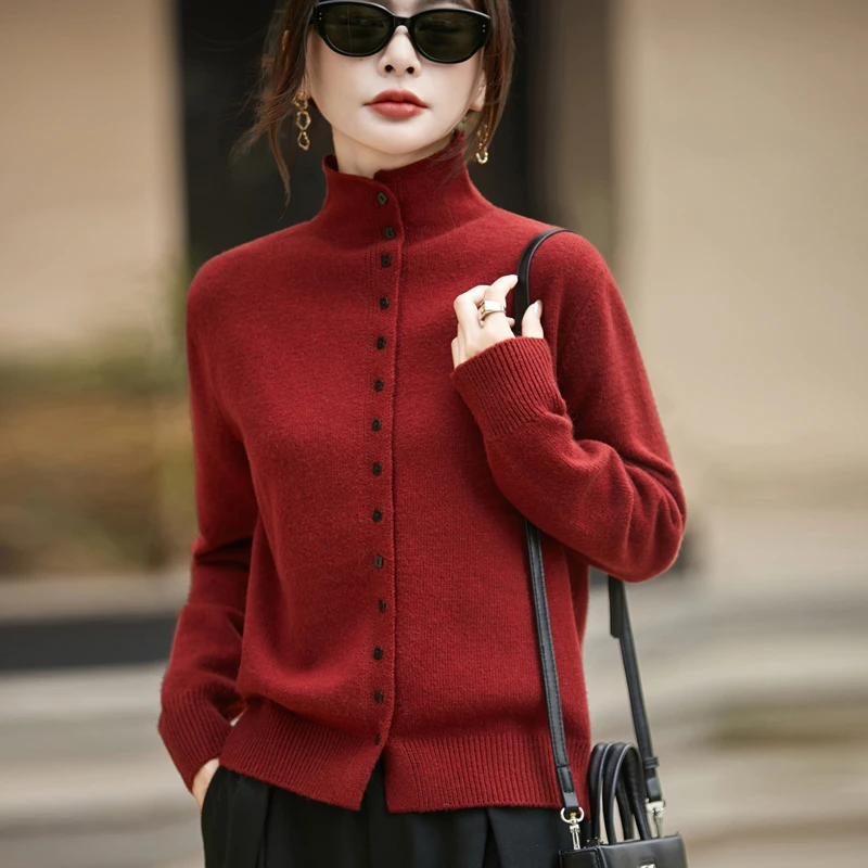 【羊毛+浣熊绒+可机洗 】400克加厚保暖高领针织百搭羊毛开衫女毛衣