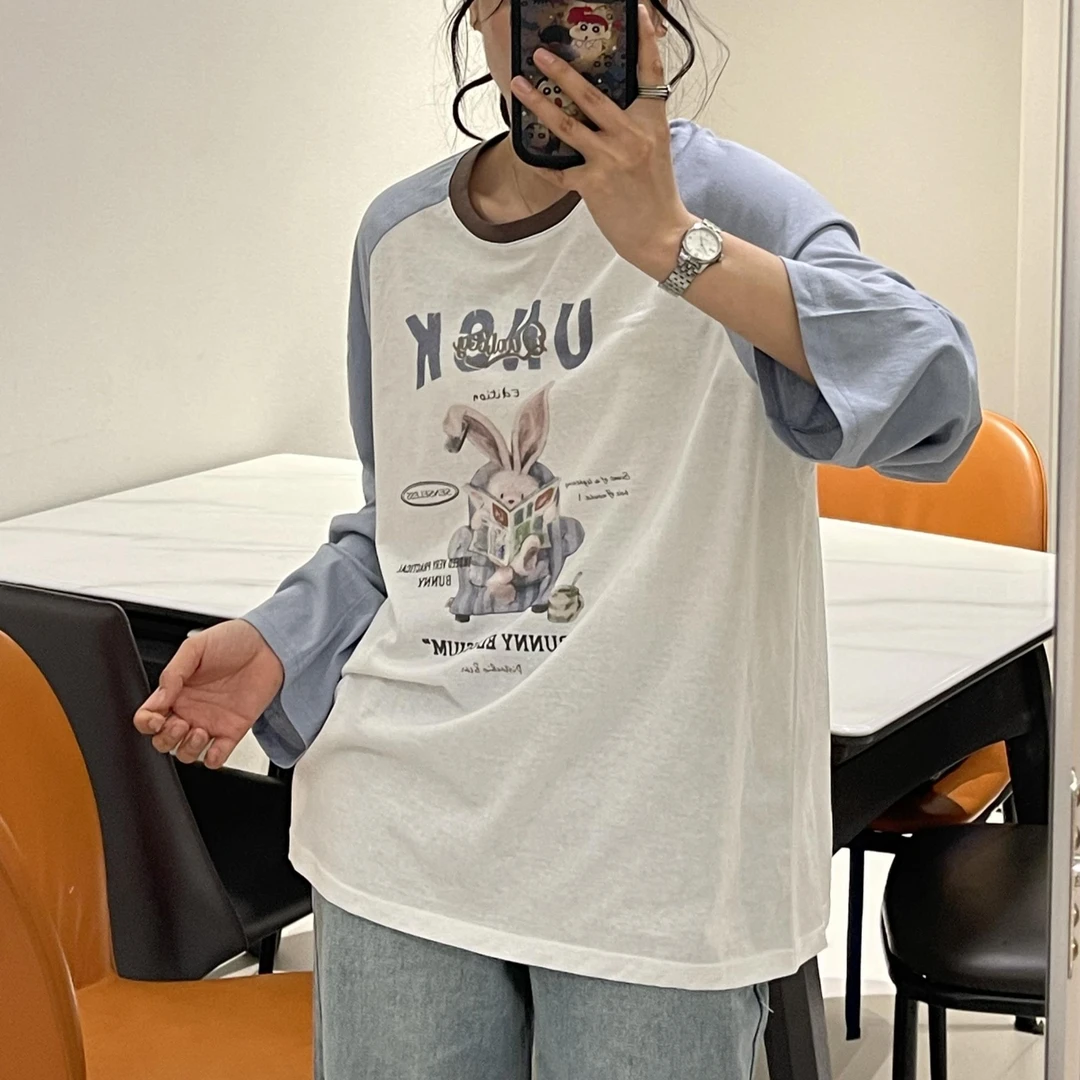 【春光明丽】卡通兔子印花圆领长袖薄款防晒衫宽松大板百搭T恤春夏