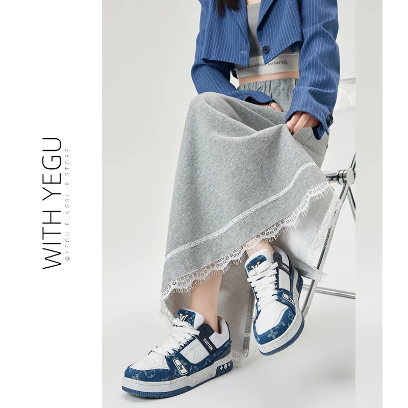 灰色后开叉半身裙女春夏蕾丝花边拼接a字裙小个子抽绳运动卫裙潮