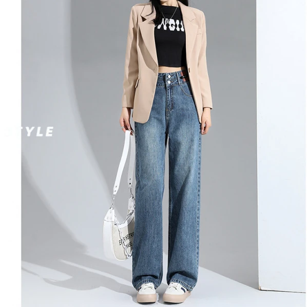高腰窄版阔腿牛仔裤女秋季2025新款遮胯显瘦垂感小个子复古直筒裤