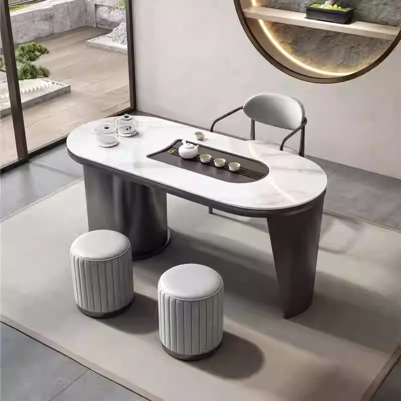 轻奢现代简约岩板茶台办公客厅家用阳台功夫小茶桌茶椅组合碳素钢