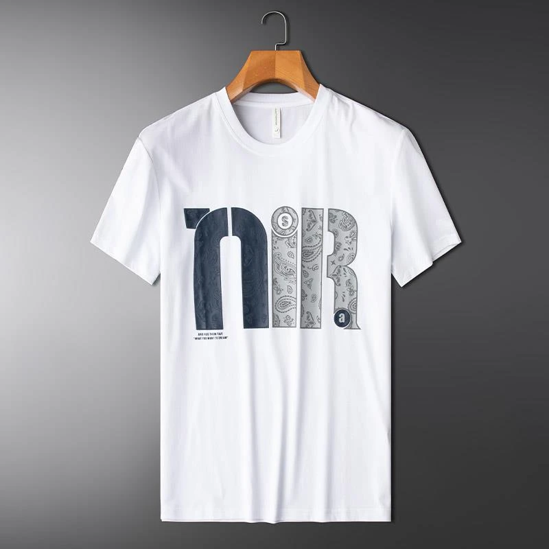 轻奢夏季薄款冰丝短袖t恤男圆领2025新款高端修身新疆棉印花半袖