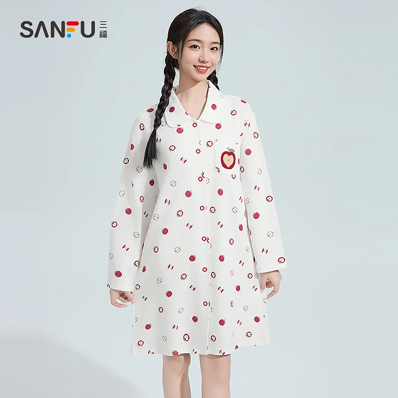 三福女春季春日小果娃娃领睡裙 甜系舒适宽松家居服女496042