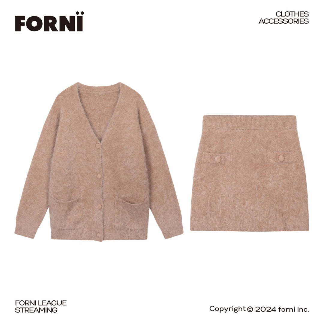 FORNI × YOYO 满杯时刻 羊驼毛气质时尚慵懒小众休闲毛绒短裙套装