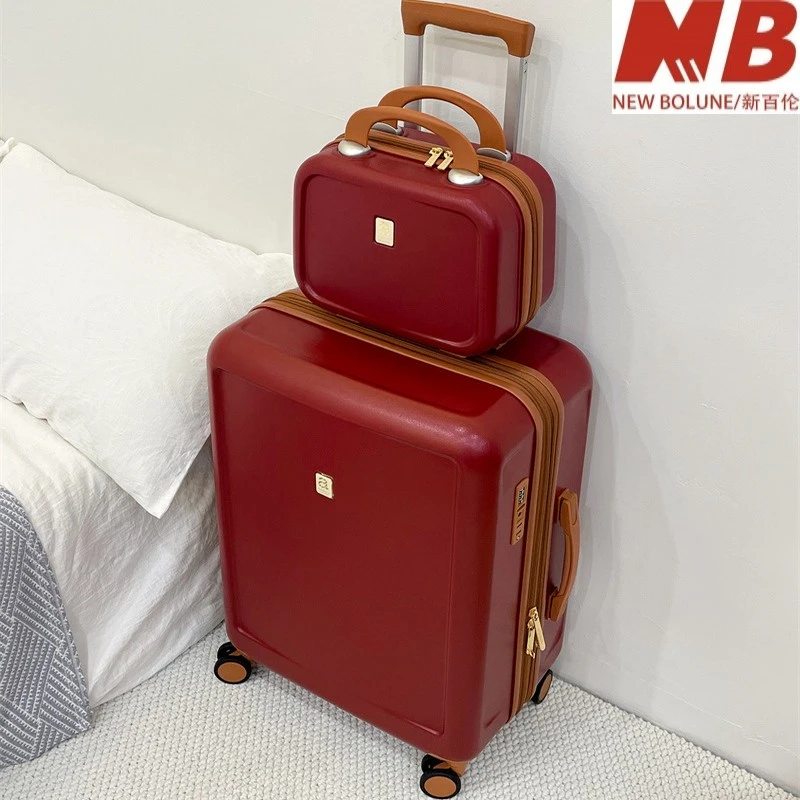 新百伦【万达撤柜】复古陪嫁拉杆箱行李箱红色结婚旅行箱13寸化妆