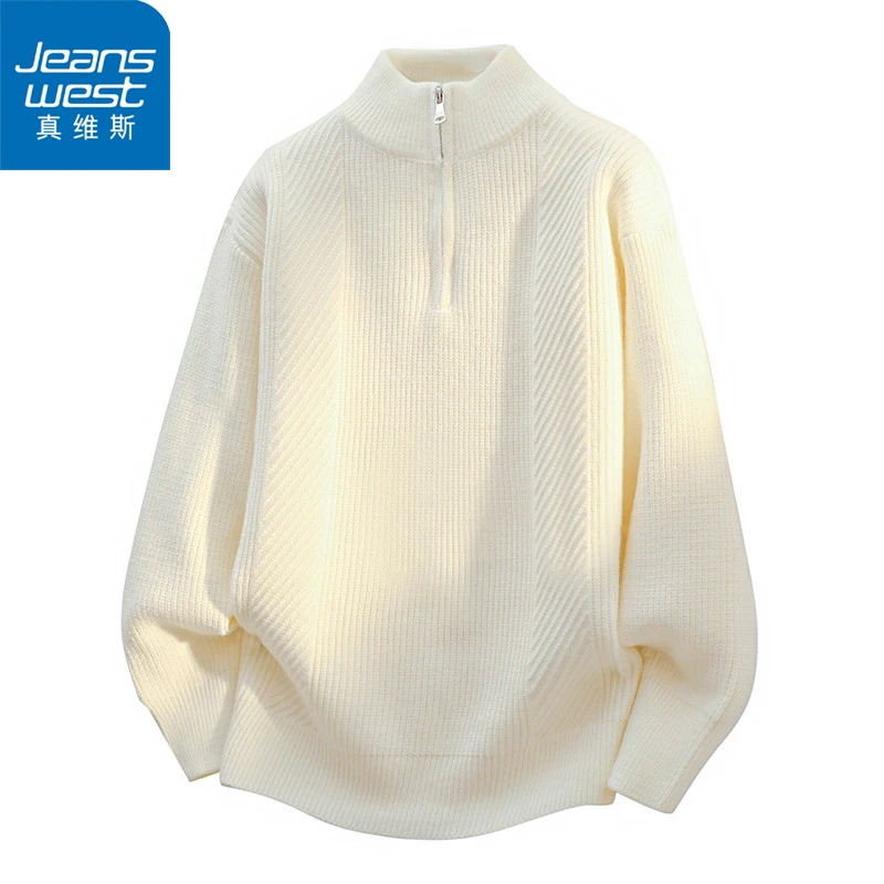 Jeanswest/真维斯2025秋时尚半高领毛衣套头上衣领口拉链上衣男士