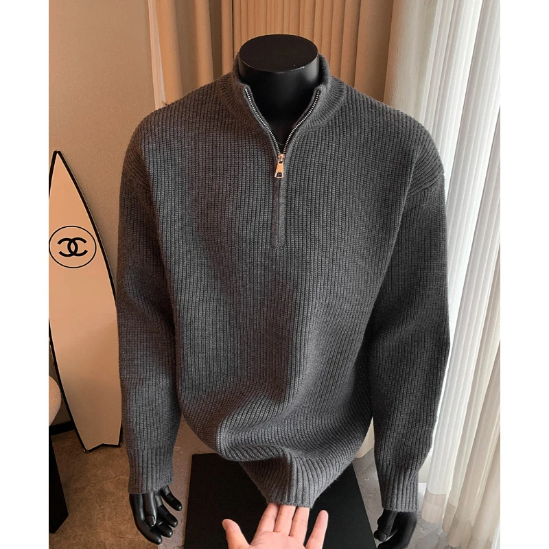 灰色cleanfit美式针织打底衫男款秋冬季慵懒风重磅高领半拉链毛衣