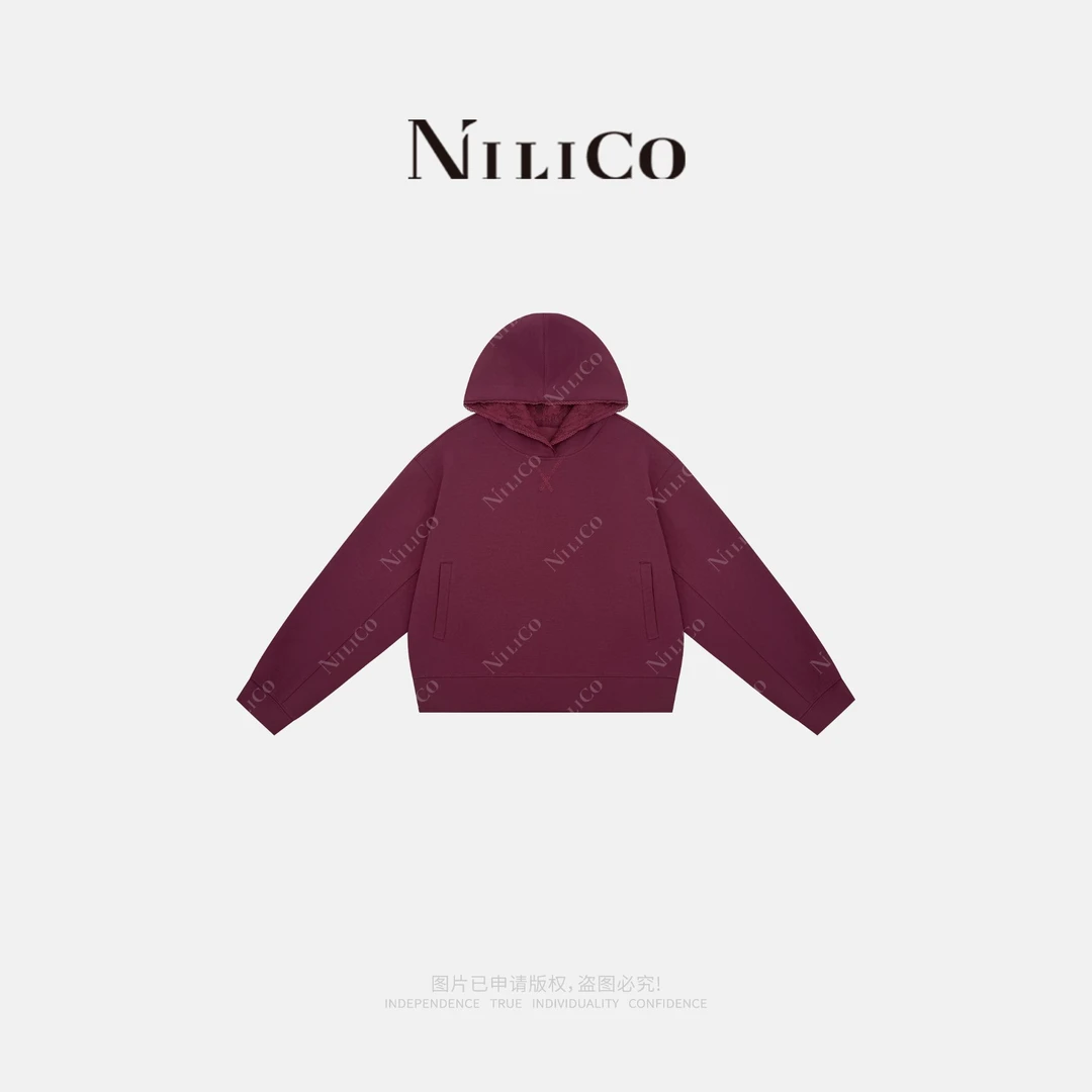 NILICO【紫红迷梦】Q弹空气层酱紫色连帽拼蕾丝花边卫衣