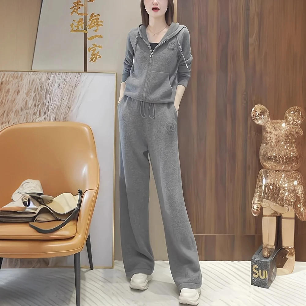灰色休闲运动套装女2025高级感时尚洋气减龄显瘦春季穿搭一整套潮