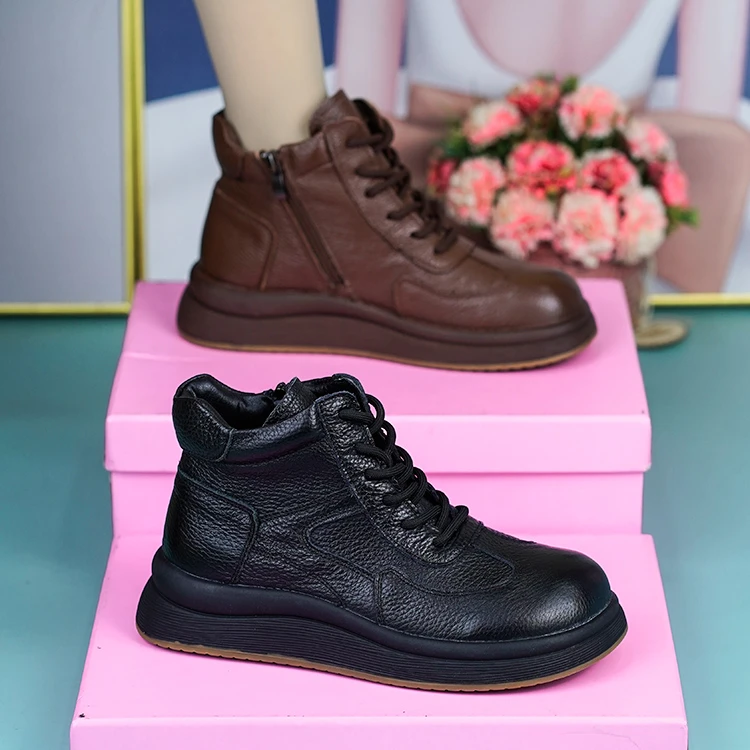 1253秋季新款真皮软底软面百搭休闲鞋头层牛皮圆头平底高帮鞋