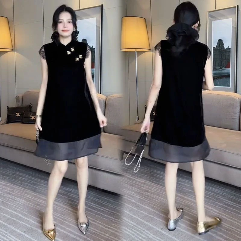 夏季时尚女士丝绒拼接网纱短袖中长款减龄显瘦百搭连衣裙