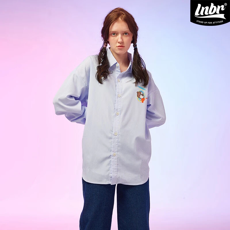 LNBR×OXY联名涂鸦小熊宽松印花衬衫男女情侣同款国潮大码