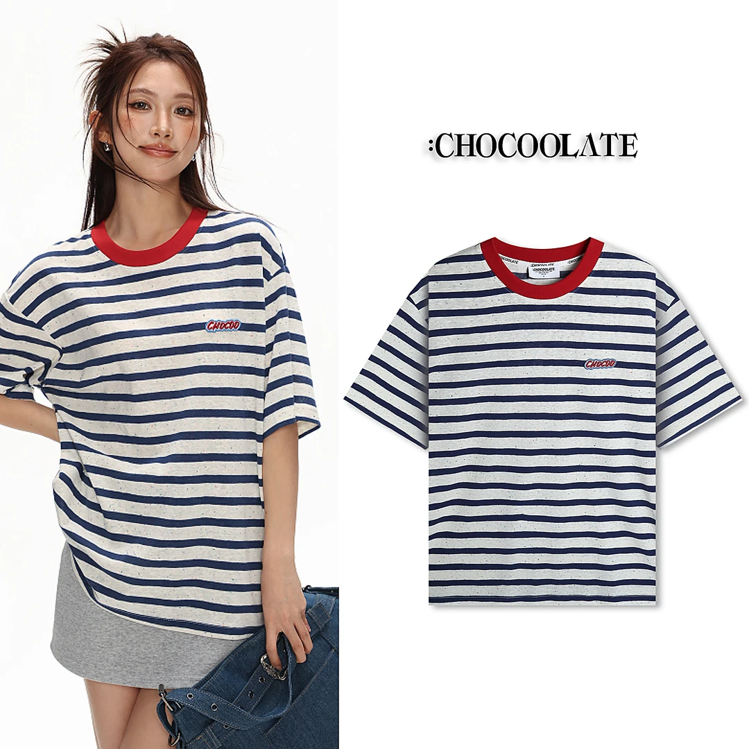 it：CHOCOOLATE夏季薄款潮流百搭圆领宽松情侣条纹拼色半袖T恤