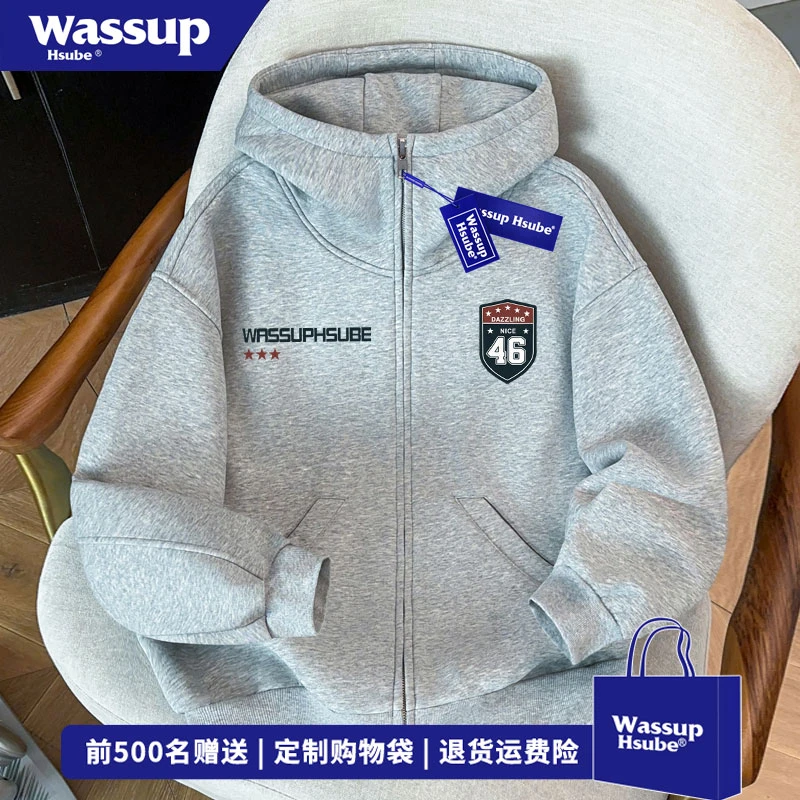 WASSUP HSUBE 欧美式字母印花高领开衫卫衣秋冬季ins百搭连帽外套