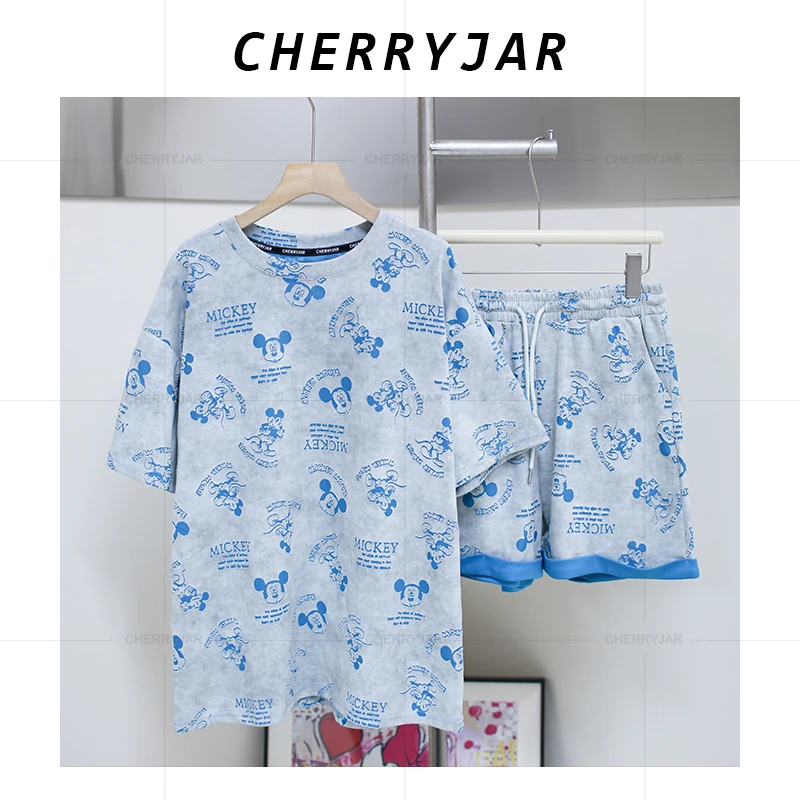 Cherryjar【25679】灰蓝色套装字母印花短袖拼接时尚悠闲