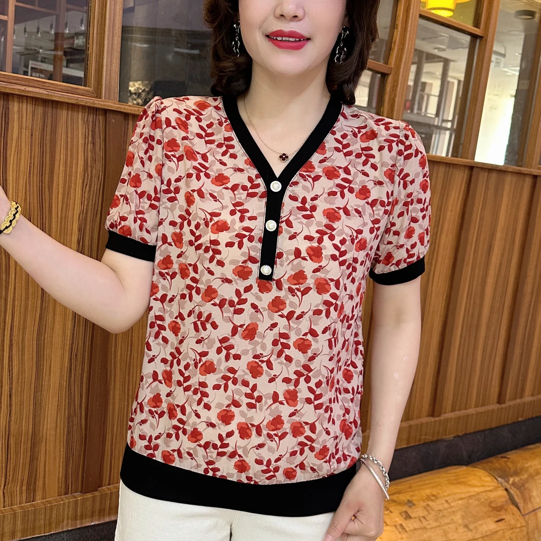 短袖妈妈装夏季印花V领T恤衫薄款女装时尚碎花拼色雪纺衫L3517