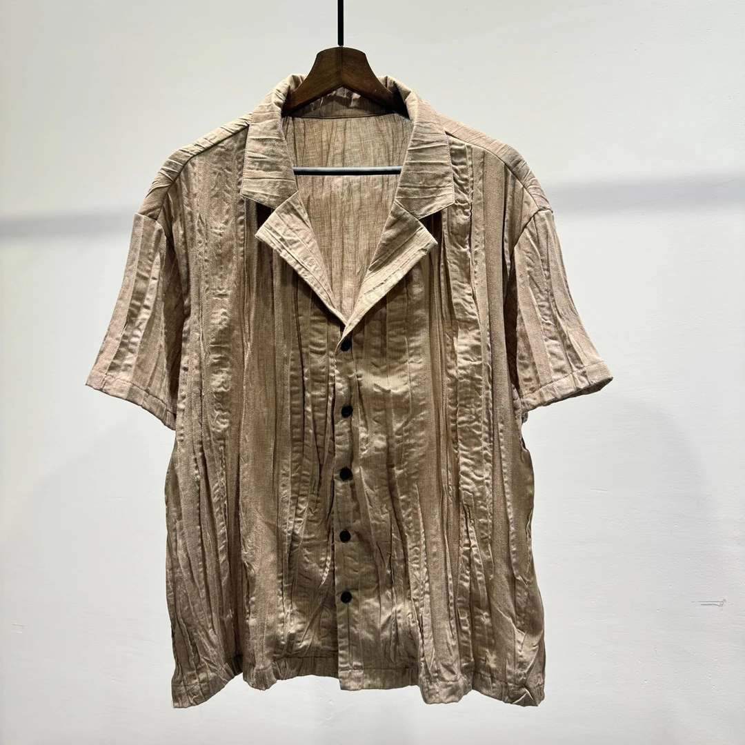 时尚男士潮牌美式复古西装领衬衫夏季新款休闲舒适透气短袖上衣