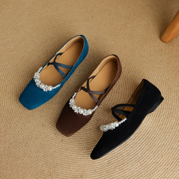 羊翻皮~1cm手工钉珠平底小香风玛丽珍单鞋女配裙子珍珠晚晚复古鞋