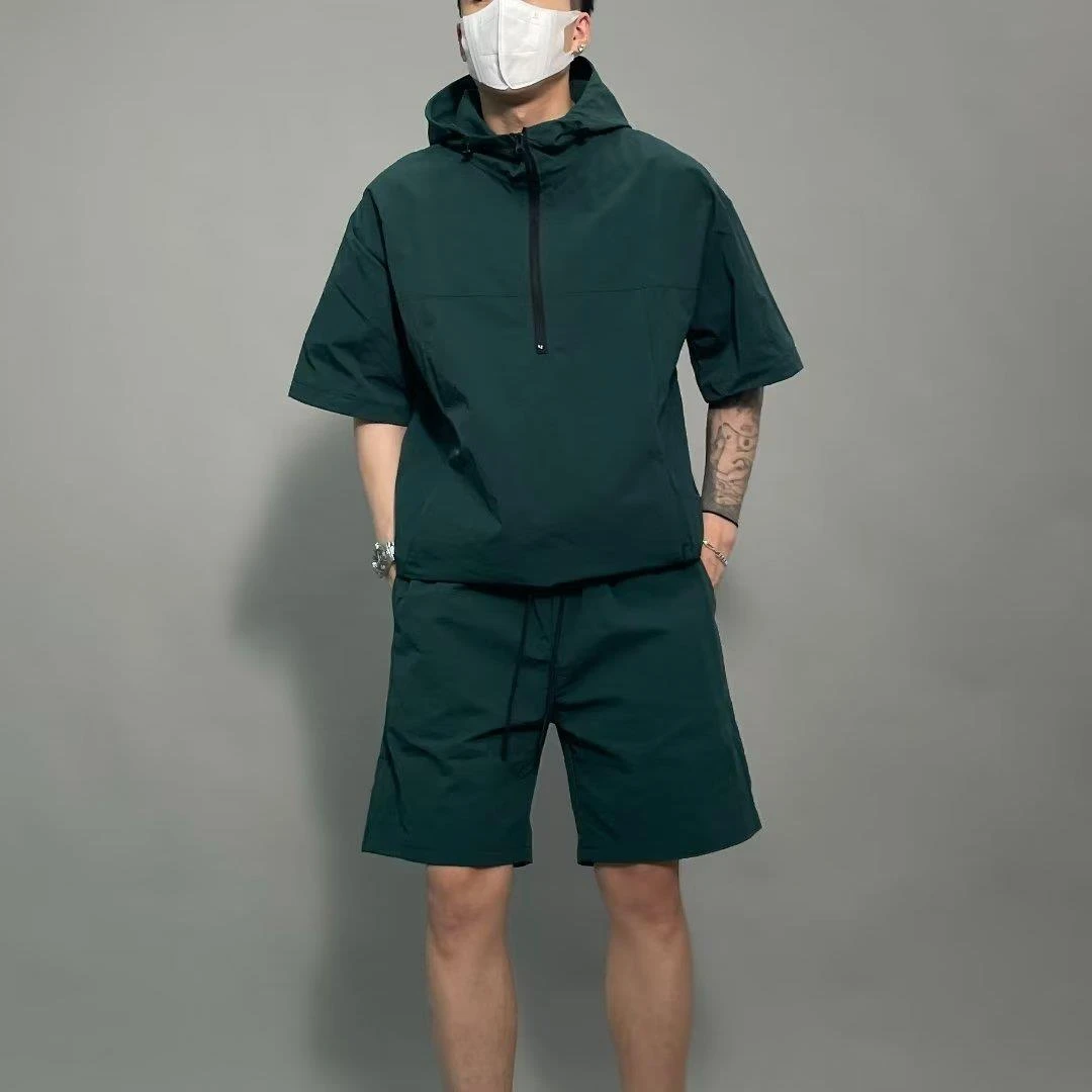 夏季男士日系风套装潮牌工装连帽短袖卫衣短裤痞帅薄款宽松两件套