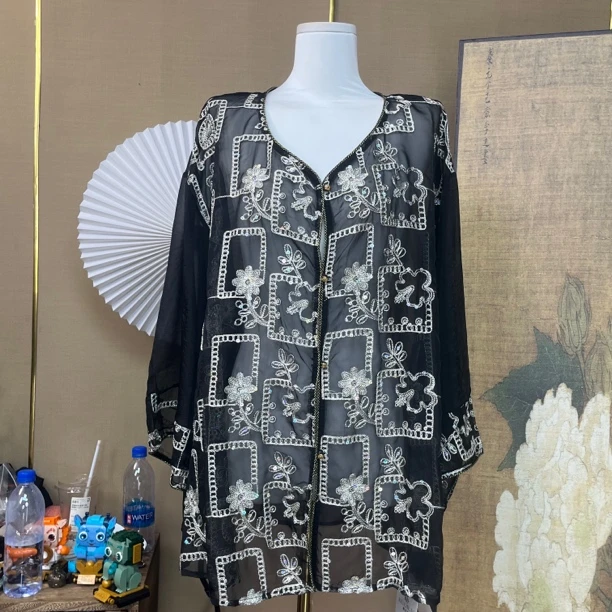 【495】高级感闪片刺绣黑色大v领喇叭袖透视外套