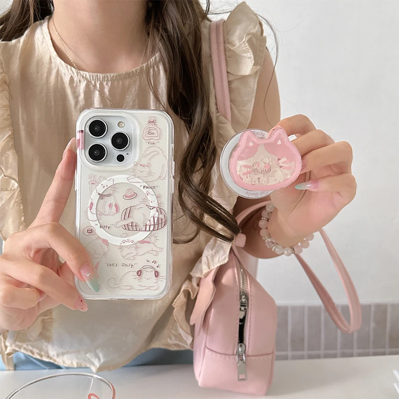 磁吸线条小猫适用iPhone16pro手机磨砂苹果15少女手机壳17promax