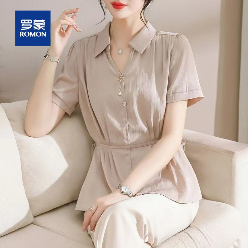罗蒙妈妈夏装新款短袖套装洋气中年女士小衫中老年夏季上衣两件套