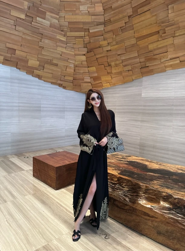 【粥粥高级定制】黑夜舞曲花边刺绣重工开衫长款长袍