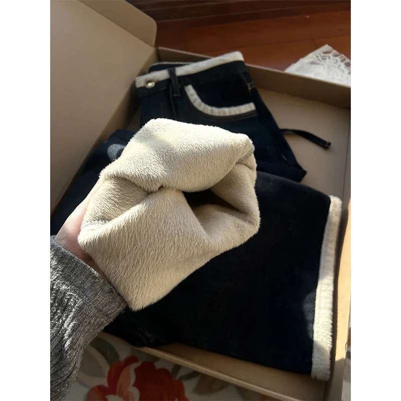 美式复古水洗深蓝色牛仔裤女冬季加绒加厚慵懒宽松显瘦垂感阔腿裤