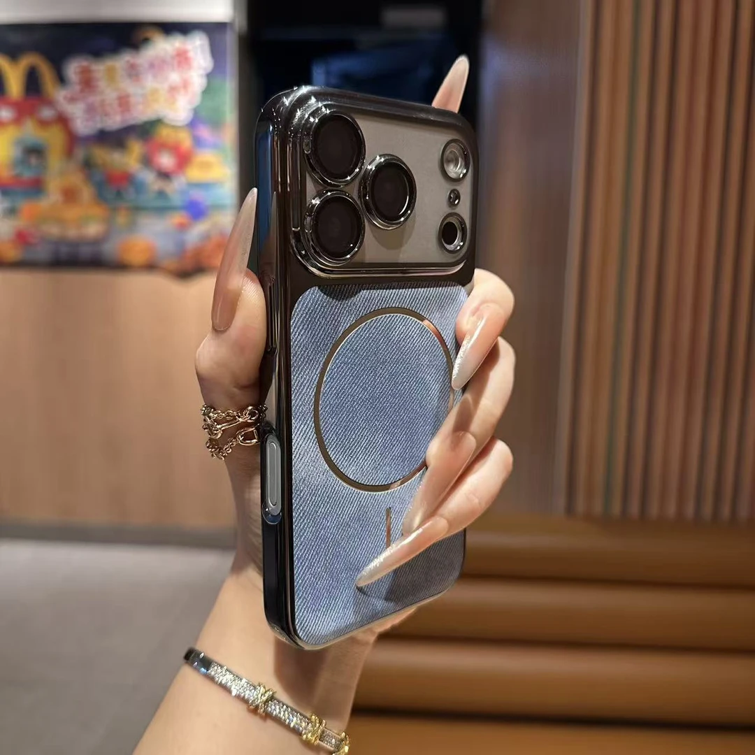 高级电镀牛仔纹磁吸适用苹果17proMax手机壳iPhone16全包15防摔13