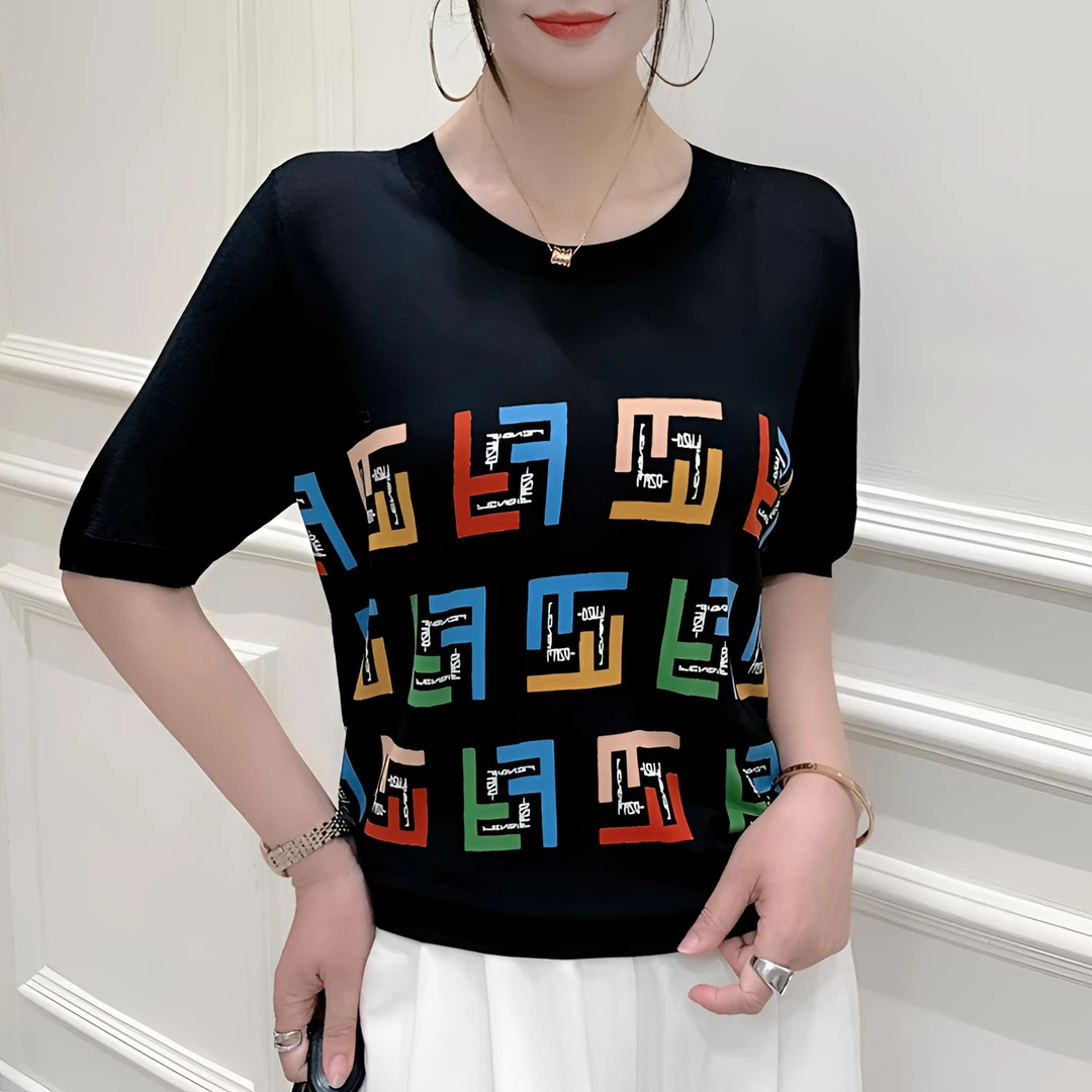 字母印花气质冰麻冰丝针织短袖减龄百搭夏季宽松时尚百搭气质衣服