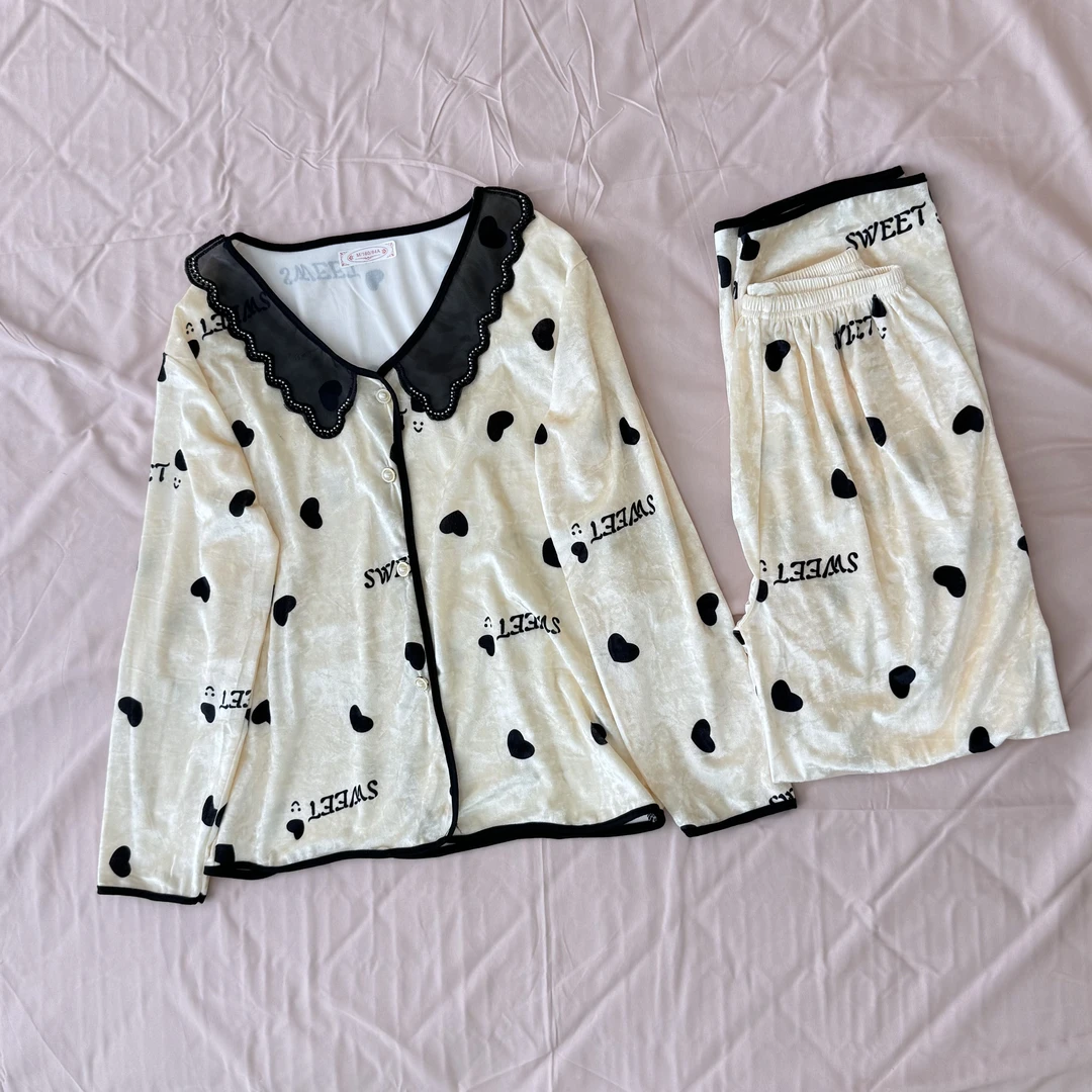 长袖秋冬家居服波点女款睡衣套装
