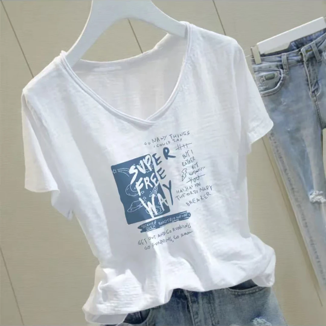 休闲白色卷边短袖v领T恤女百搭简约印花时尚宽松薄款潮流女士半袖