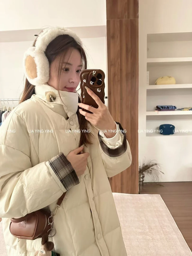 【西元前】。极简韩风～分格保暖羽绒服～格子翻边拼接袖口～白鸭绒外套