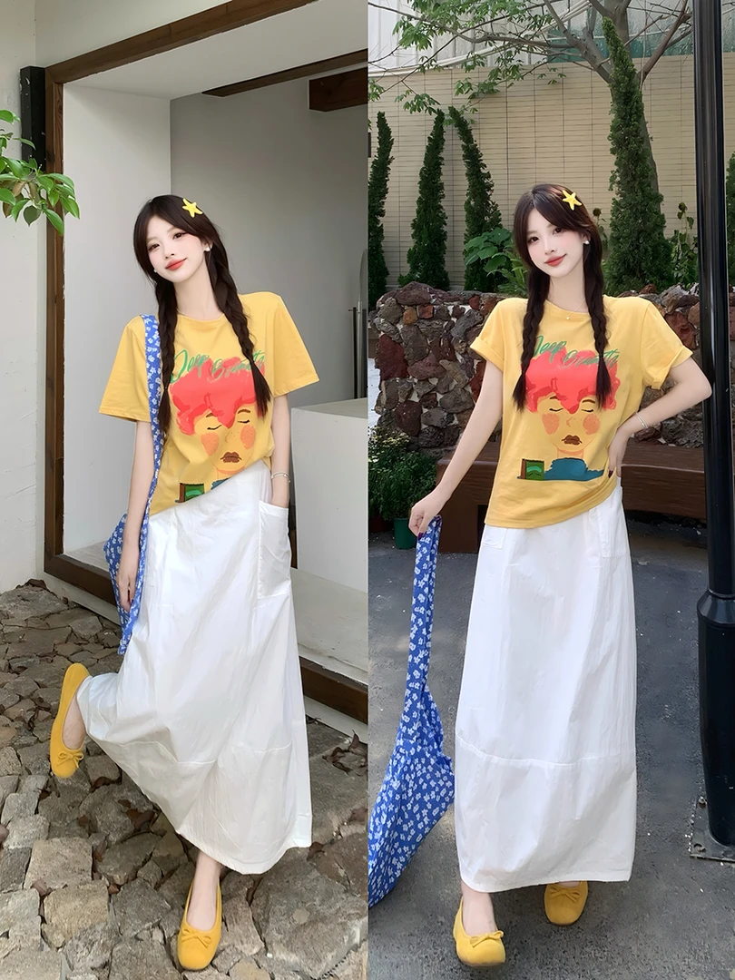 大码夏季新款别致短款圆领甜辣体恤+氛围棉小众炸街高级感女装