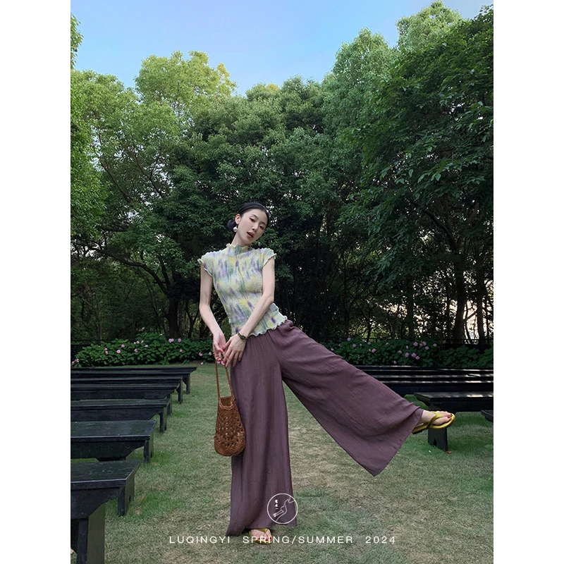 鹭青一原创【结夏】雪纺T恤女宽松显瘦慵懒气质休闲裤L24K7193B