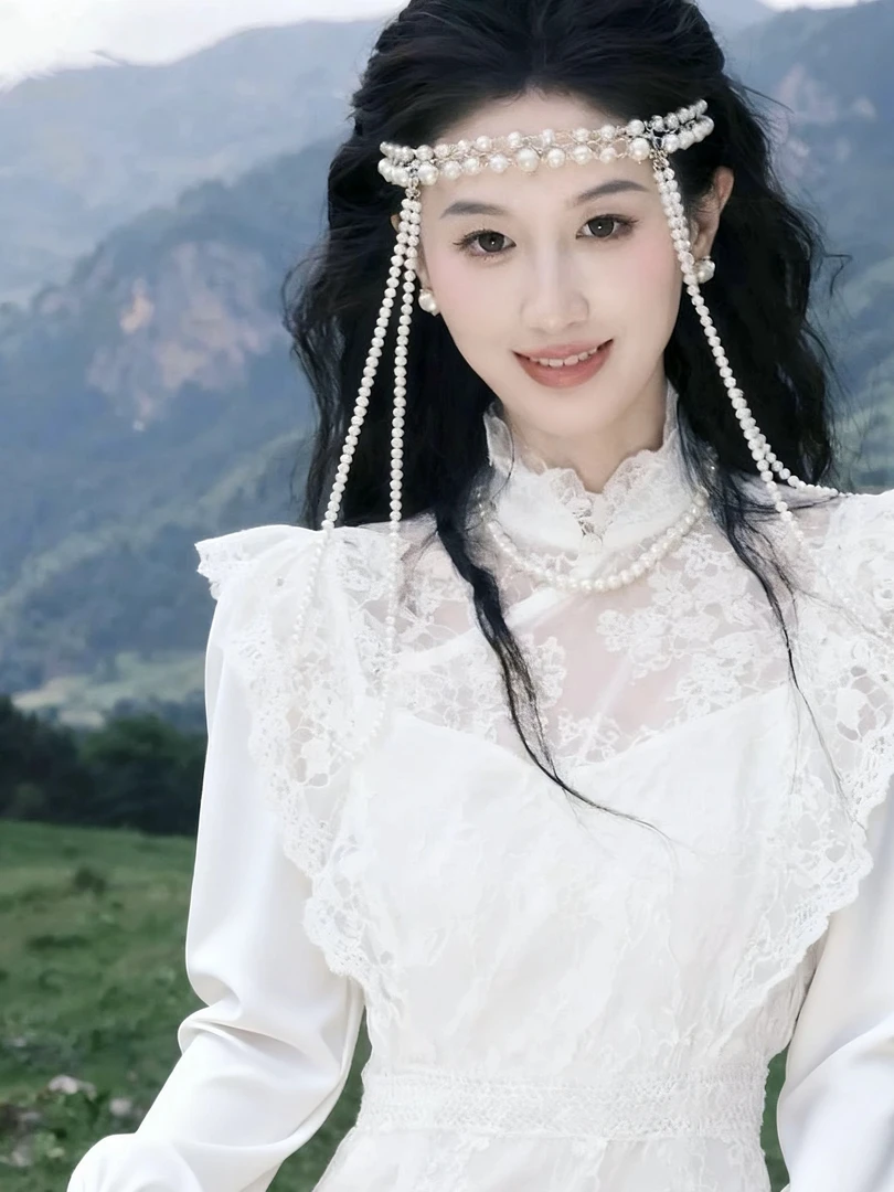 利祯新品长裙礼服泡泡袖长裙蕾丝长袖连衣裙