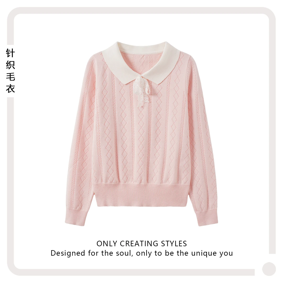 蕾丝绑带蝴蝶结菱形格撞色POLO领软糯针织毛衣甜美修身粉色内搭女