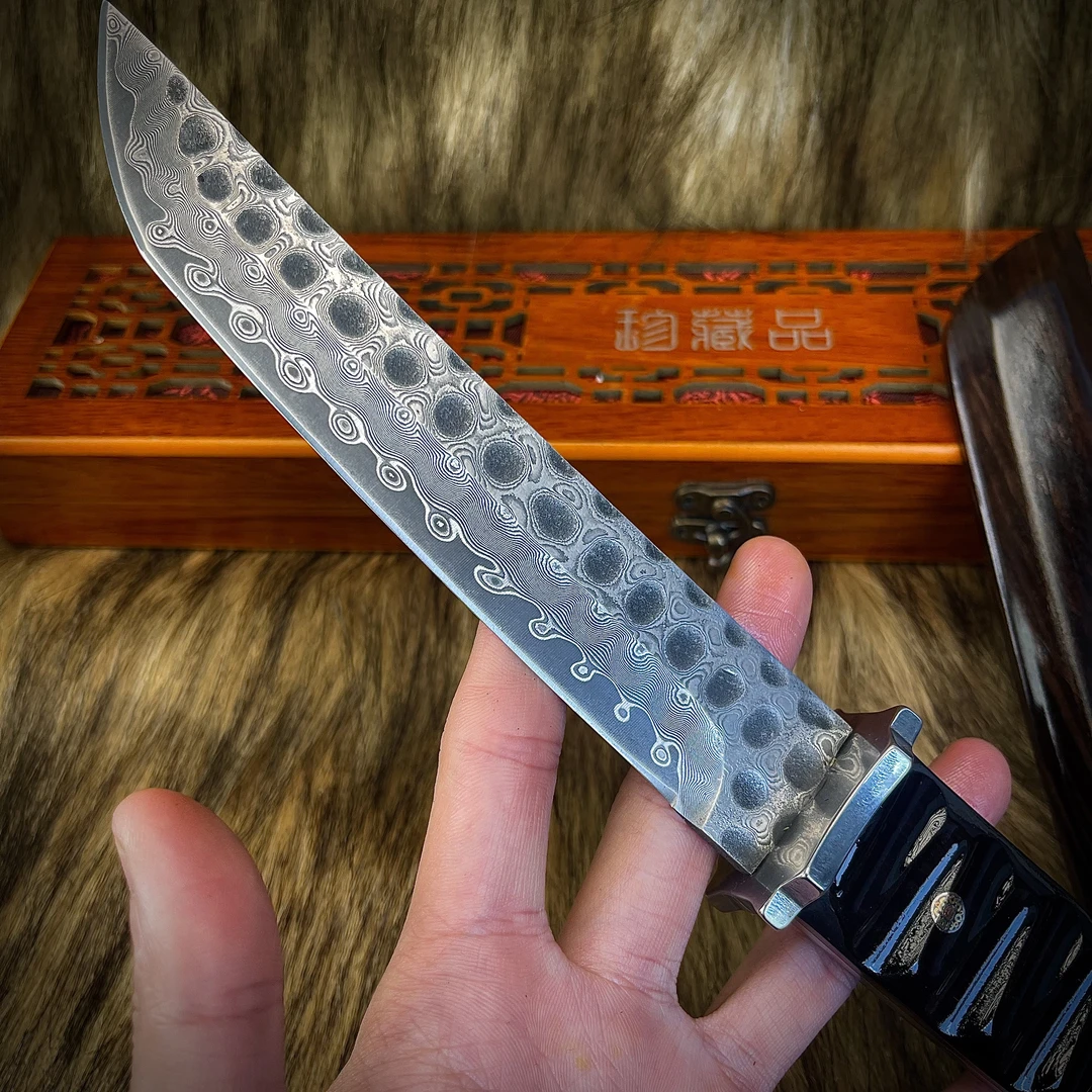 莫桑比克进口紫光檀大马士革钢户外刀