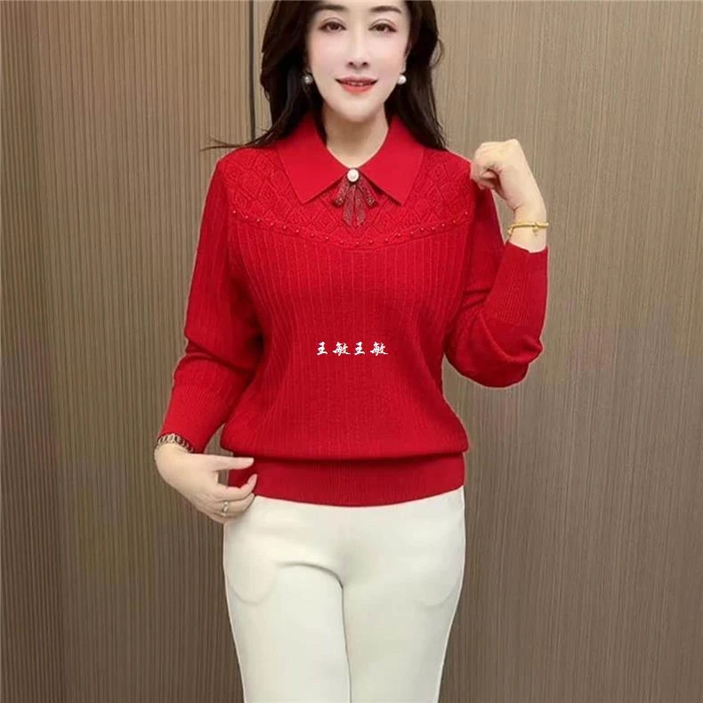 系带年减龄显瘦翻领2026长袖风女短款针织衫钉珠套头毛衣休闲春季