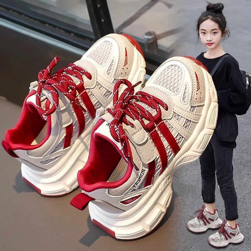 ABC女童鞋子老爹鞋2025新款春季爆款儿童跑步运动鞋网面软底女孩