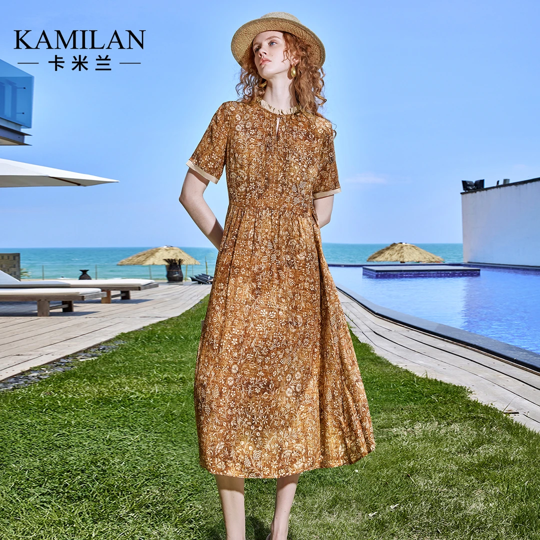 [100桑蚕丝]卡米兰短袖真丝连衣裙女2025夏季高级小众不撞款裙子