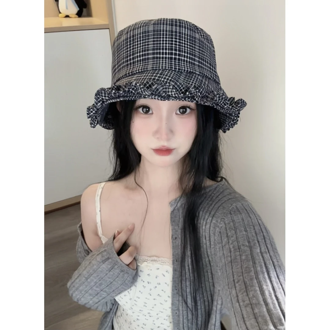 设计师款！时尚百搭格纹显脸小遮阳八角帽子女花边设计渔夫帽