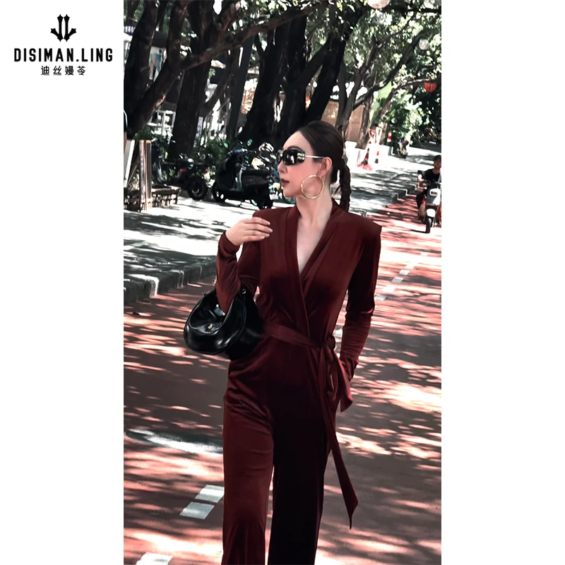 【迪丝嫚苓】棕红梭织连体裤气质时尚休闲设计百搭连体轻奢女士修身