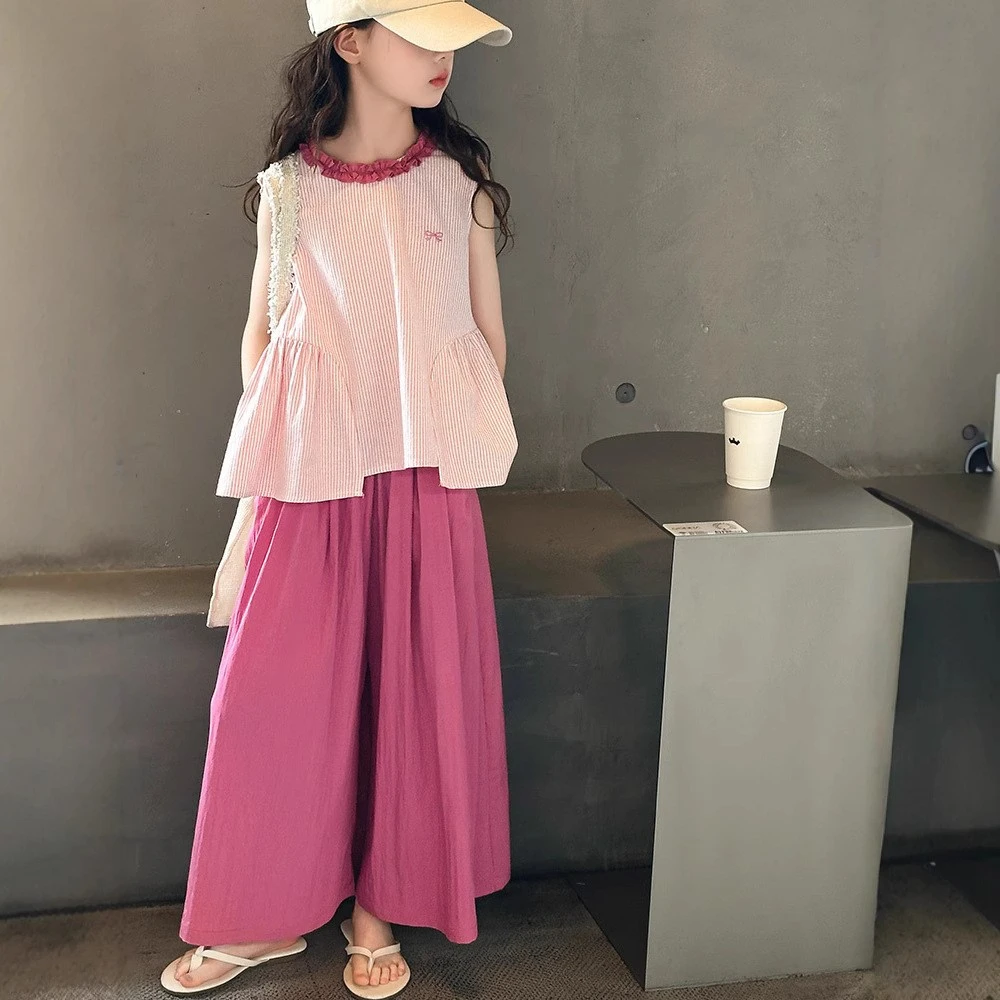 女童夏装无袖套装2025新款大童夏季韩系上衣儿童阔腿裤棉布两件套
