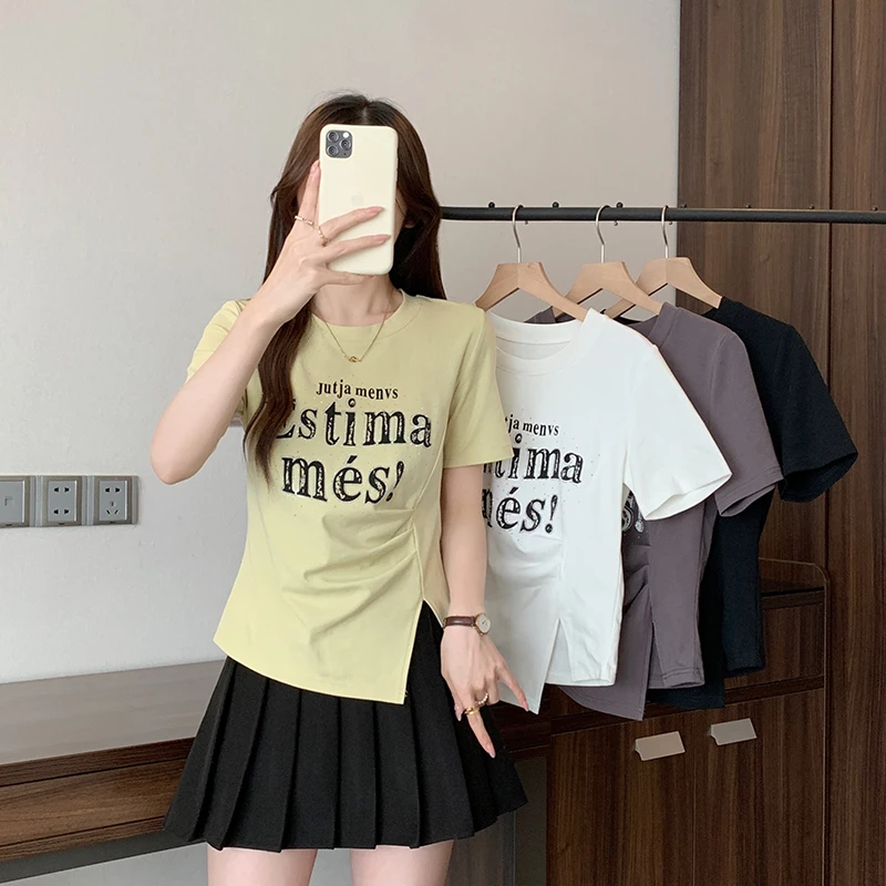 2025夏装新款胖mm大码女韩系百搭印花字母不规则短袖T恤33993