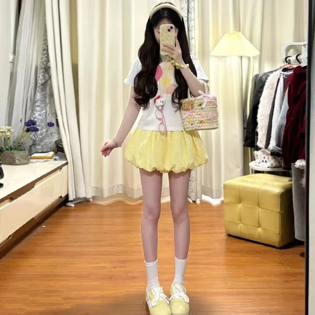 【破价两件套】印花短袖夏季小个子正肩圆领短款修身显瘦甜妹